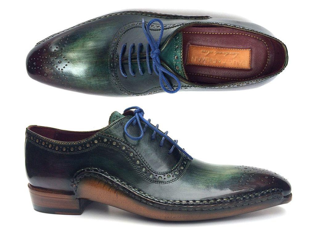 Paul Parkman ''OPK215C'' Green Purple Genuine Leather Handmade Oxfords Shoes .